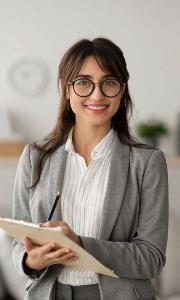 Woman in glasses holding a notepad